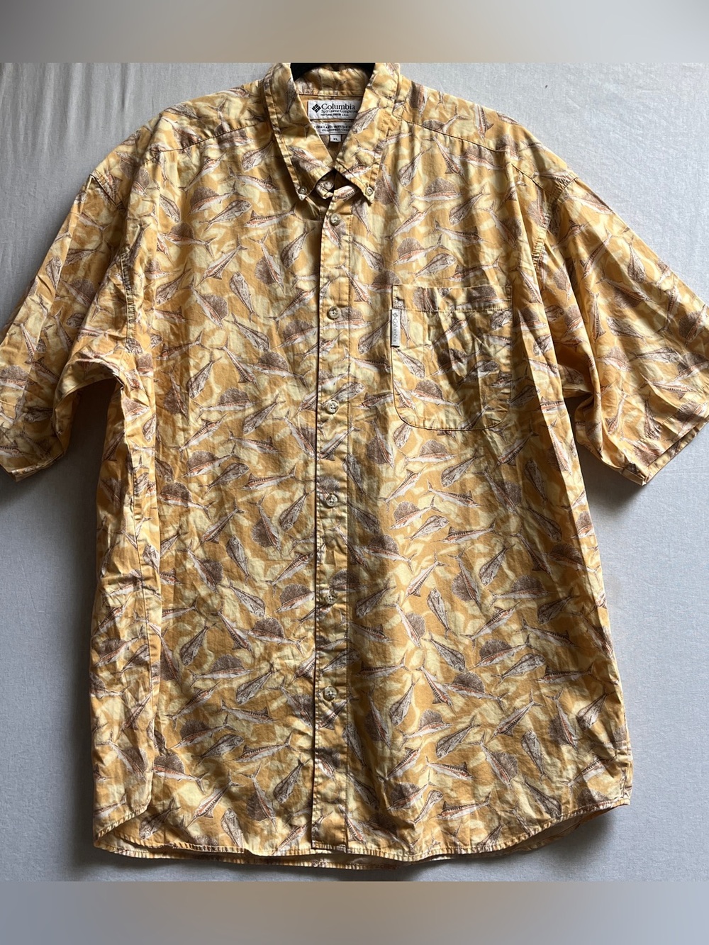Columbia Mens Yellow Leaf Print Short Sleeve Button Down Shirt XL